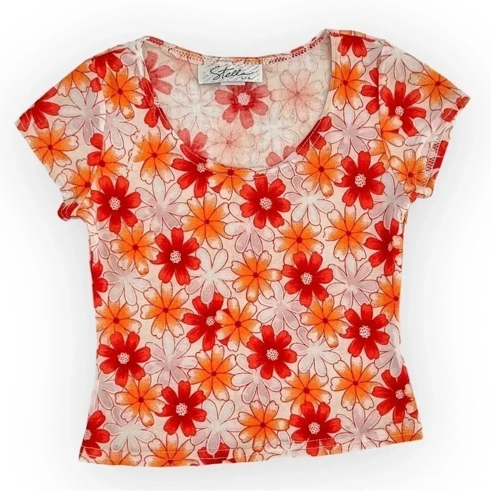 Vintage 90’s Floral Cropped Mesh Baby Tee - Picture 1 of 6